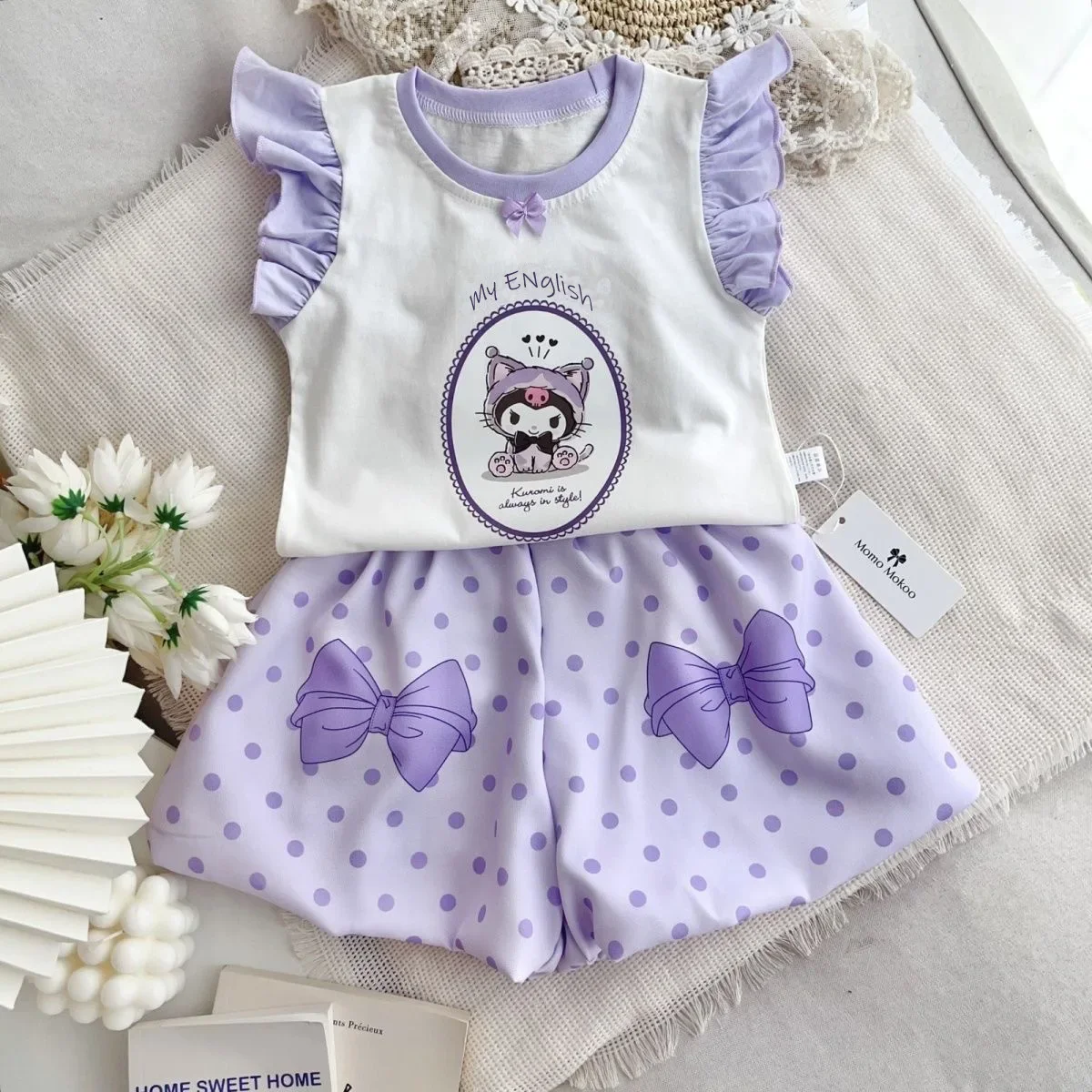 

Sanrio summer ruffle little fly sleeve short sleeve cute bud shorts suit hello kitty children shorts girls princess vest T-shirt