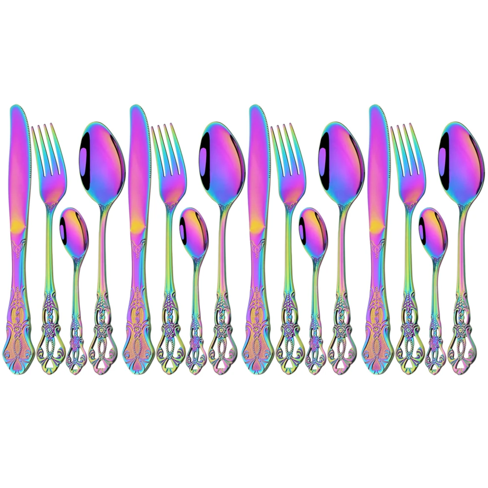 

16Pcs Colorful Vintage Dinnerware Set Mirror Knife Forks Teaspoon Cutlery Set Stainless Steel Tableware Western Kitchen Flatware