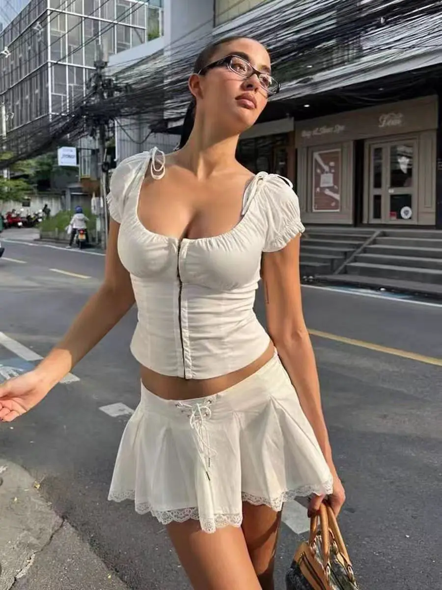 

Романтический милый парижский винтажный топ Bubble Sve, кружевной лоскутный галстук-бабочка, юбка, женская модная летняя футболка ort Sve...