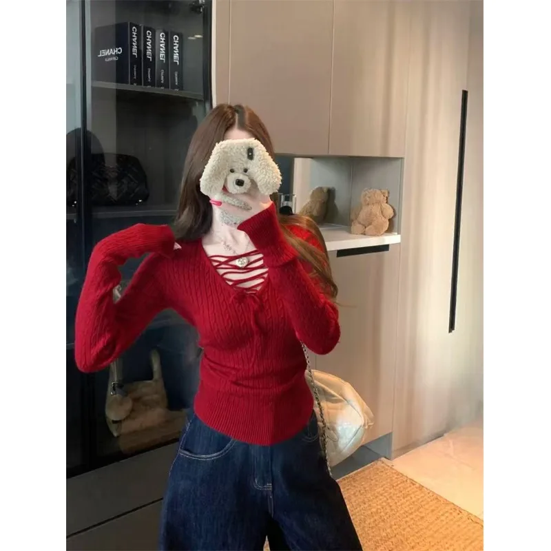 

Retro Sexy Knitted Sweater Women's Autumn Winter V-Ne Hollow out Twist Slim Fit Base Layer Top Commute Sle Long Sve