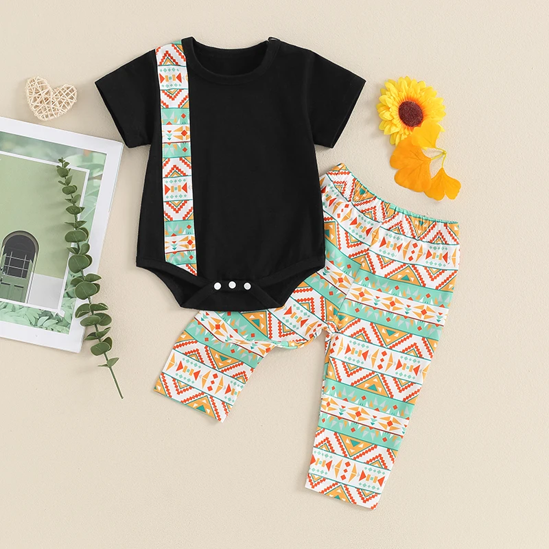 

Infant Boy Pant Set Baby Summer Clothes Boy Short Sleeve Romper Graphic Print Elastic Waist Pants 2pcs