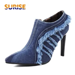 Women Ankle Boots Brushed Denim High Thin Heels Pointed Toe Pumps Blue Rubbed Jeans Party Dress Ladies Spring Autumn Short Boots