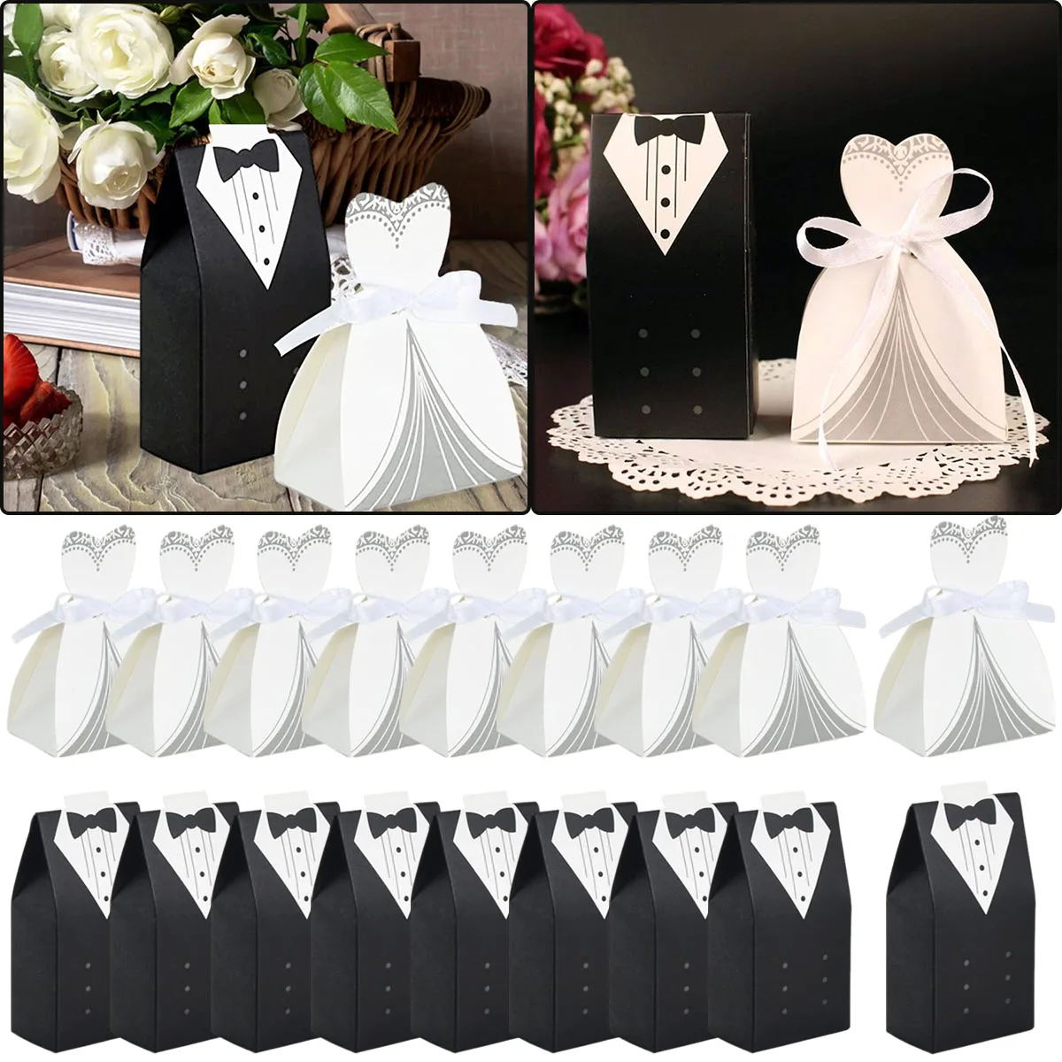 100Pcs Wedding Candy Boxes Groom Bridal Dress Shaped Gifts Packaging Box Goodies Wrapping Pouch for 2024 Wedding Party Supplies