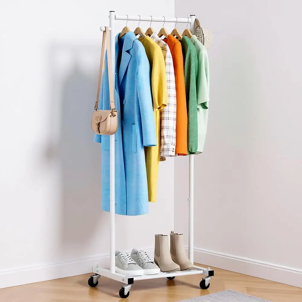 

60 Portable Rolling Wardrobe Rack with Shelves for Small Spaces, White