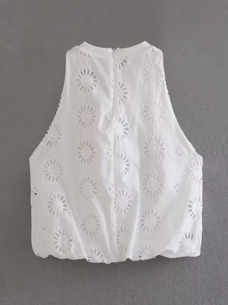 Kumsvag 2023 Women Summer Blouses Shirts Tops Sweet White Hollow Out Embroidery Sleeveless Female Elegant Street Short Top Cloth