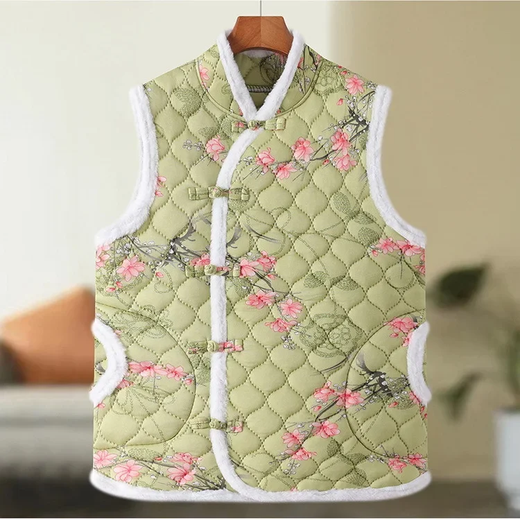 Vintage Floral Chinese Style Vest Women's Fashion 2024 Winter New Arrival Cotton Thickened Plus Size Vest With Button