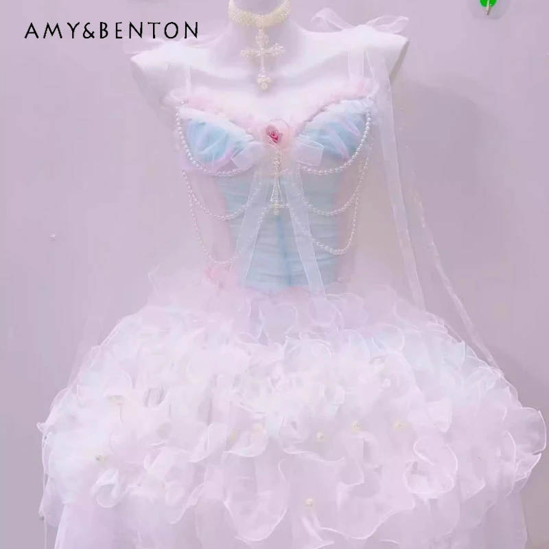 

Japanese Lolita Bead Chain Lace Hollow Out Women's Vest Original Sweet Gorgeous Cute Tutu Skirt Bow Princess Skirts Suit Ladies