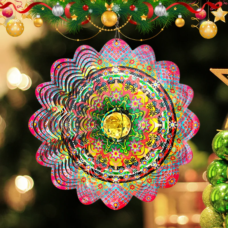 

PSATHENATI Mandala Wind Spinner w/Crystal Ball Romatic Flower 3DStainless Steel Gift Christmas Decoration Kinetic Yard Art 12in