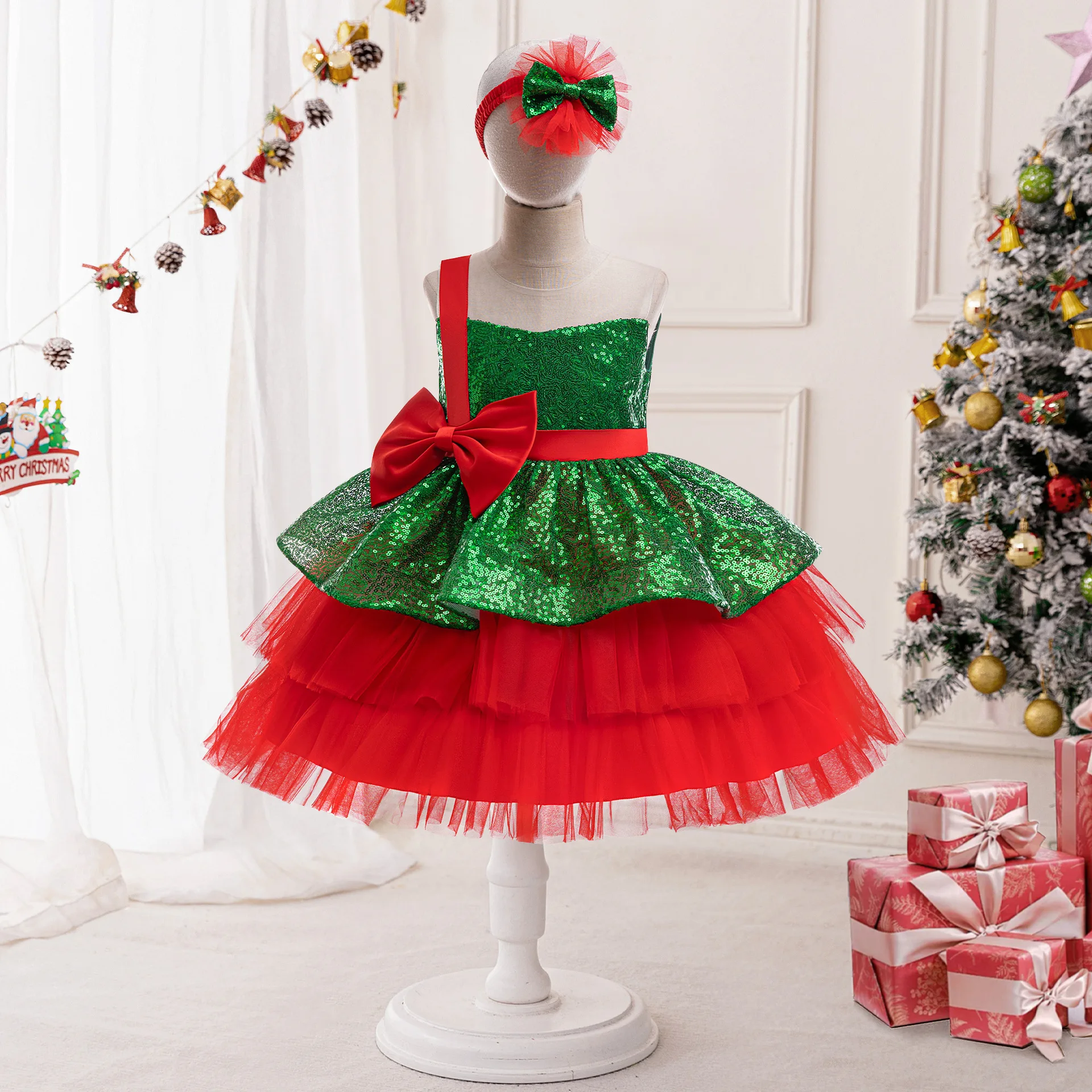 Christmas Gifts Girl Princess Dress Sequin Elegant Girls Party Dresses Bowknot Ball Gown Children's Girly Dresses Xmas Costume