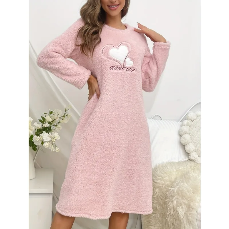 Pink Love Heart Pajama Women Nightgown Flannel Autumn Winter Long Sleeves Sleepwear Cute Pyjama Warm Pjs Soft Pj Cozy Comfy Girl