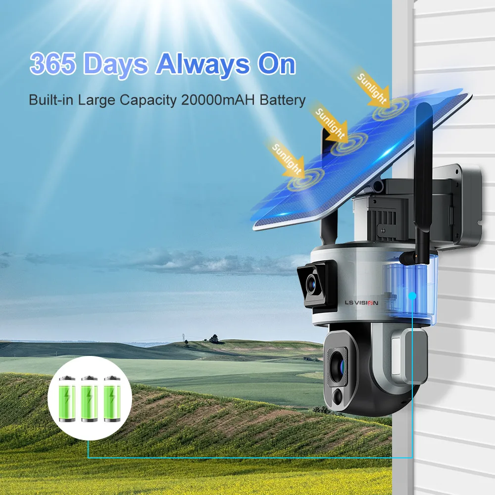 LS VISION 4K 8MP Dual Lens Solar Camera 20X Zoom 4G SIM/WIFI Security Outdoor Camera Humanoid Tracking Color Night Vision Cam