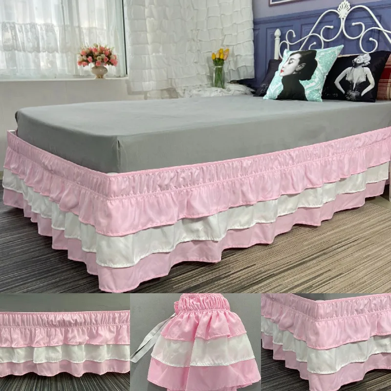 Elastic Bed Skirt Three‑Layer Color‑Block Ruffle Cake Style Bed Frame Dust Cover Solid Color Mattress Protector Bedroom Decor