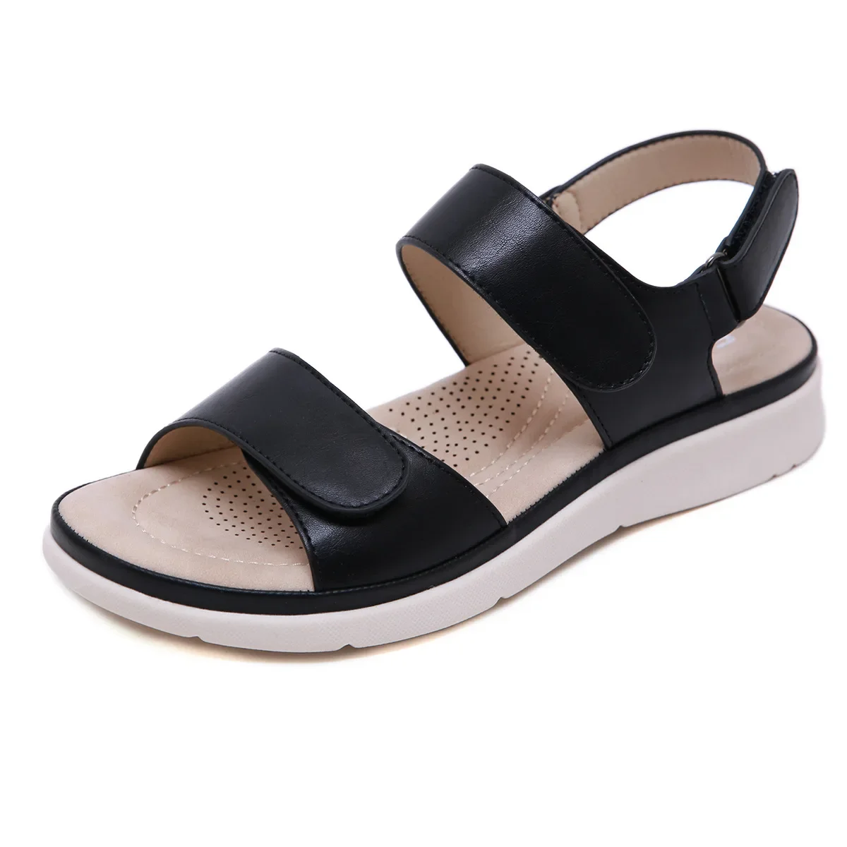 SIKETU Brand Summer Fashion Women Flat Heel Classic Sandals Buckle Hook Loop Simple Wedge Shoes Mid Heel Soft Comfort Footbed 41