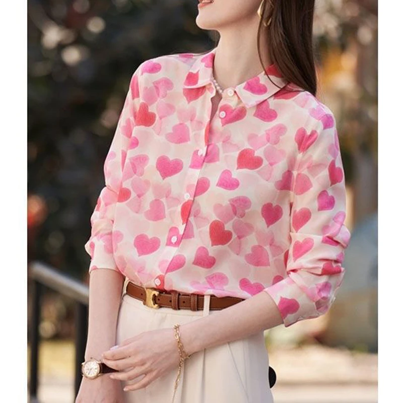 Women Stylish Love Print Turn Down Collar Button Shirts Office Lady Elegant Commute Blouses Sweet Casual Long Sleeve Loose Tops