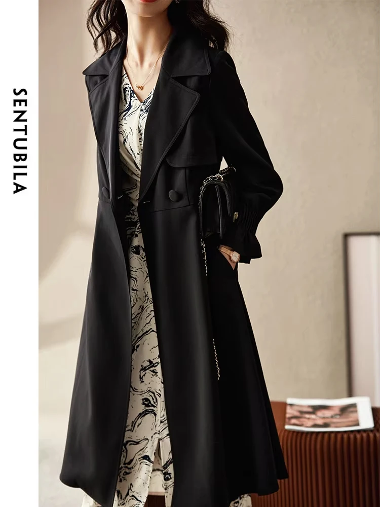 

SENTUBILA Black Long Fitted Trench Coat for Women 2024 Spring Autumn Fashion Elegant Wide Lapels Long Sleeve Overcoats Clothing