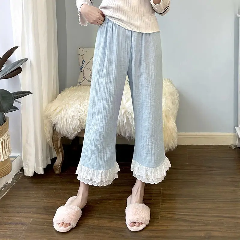 

2025 Spring New Pajama Pants Women's Japanese Sweet Style Double-layer Lace Splicing Wide-leg Sleep Bottoms Home Trousers