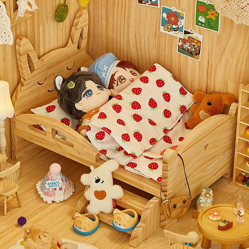Mini cama de madera para vestir muñecas de algodón de 20cm, decoración de habitación en miniatura para muñecas BJD, accesorios Labubu, casas de muñecas, juguetes para niños, regalo