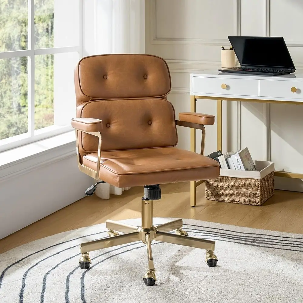 

Leather Office Chair with Metal Legs, Comfortable Padded Computer Seat with Tufted Back and Armrests, Adjustable Height and 360°