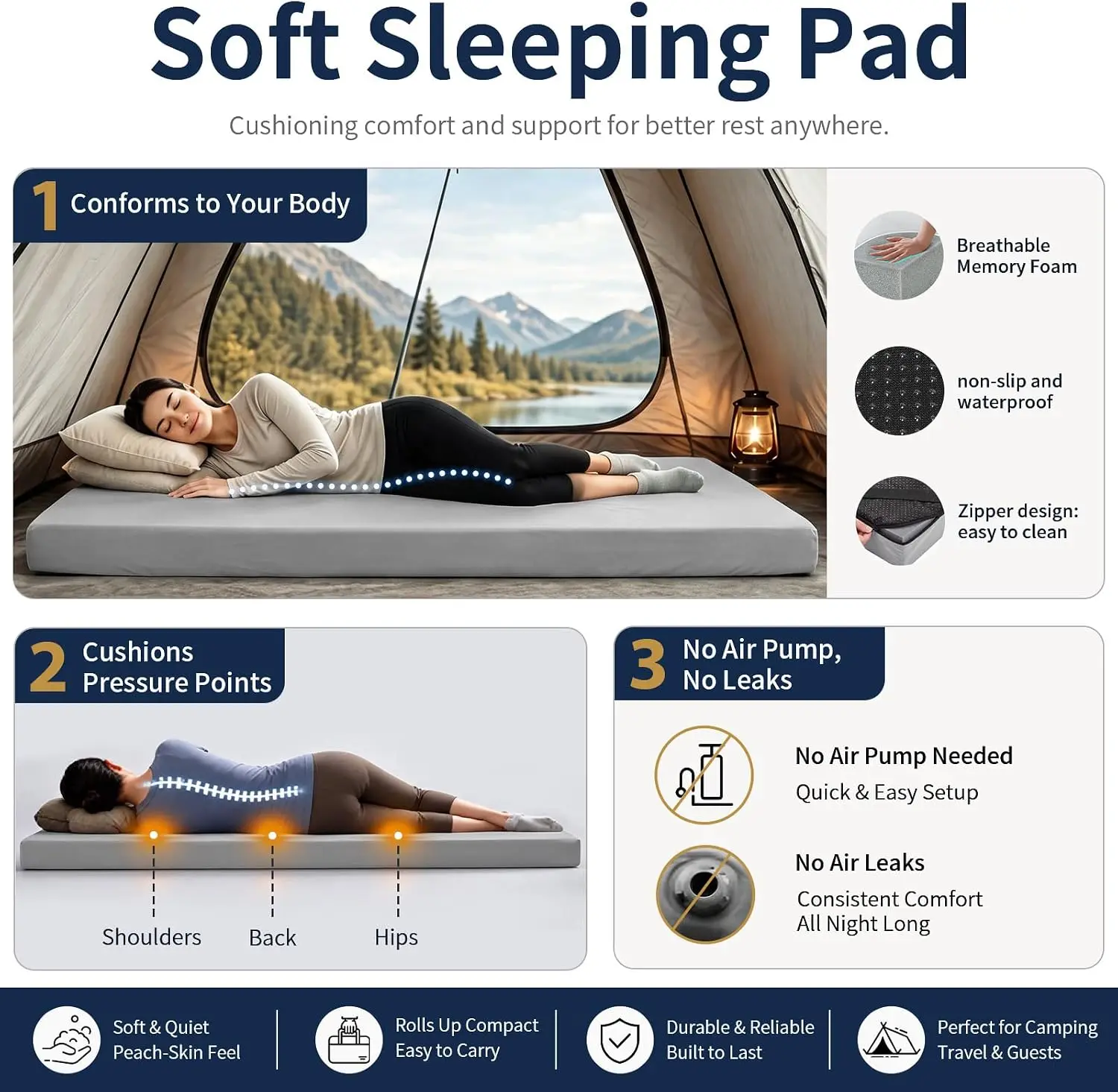 Memory Foam Camping Sleeping Pad, Portable Roll-Up Mattress Pad with Non-Slip Bottom, Retaining Design, Floor Car Mattress Bed Mat for Travel, Truck, Tent, Guest Bed