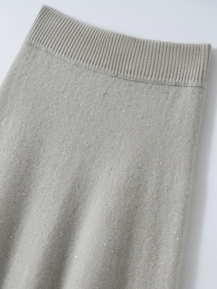 New Women's 100% Cashmere Sweater A-Line Cashmere Midi Skirt Hight-Shine Sequins Knitwear Hight Quality Autumn Winter Soft Warm