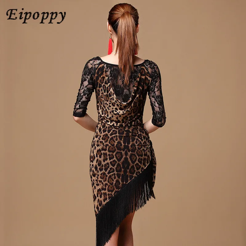 Latin Dance Clothing Adult Female New Dress Lace Short-sleeved Leopard Trimmings Skirt Fringed Costumes