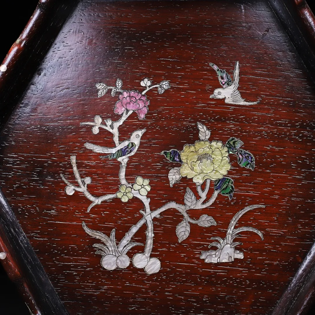 Rosewood Tea With Inlaid Shells And Hexagonal Curved Edges Storage Tray 3