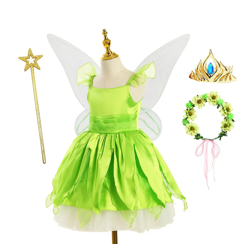 Disney Fairy Dress Tinker Bell Role Play Costume Girls Princess Party Apparel Toddller Elf Pixie Green Costume Frock Knee Length