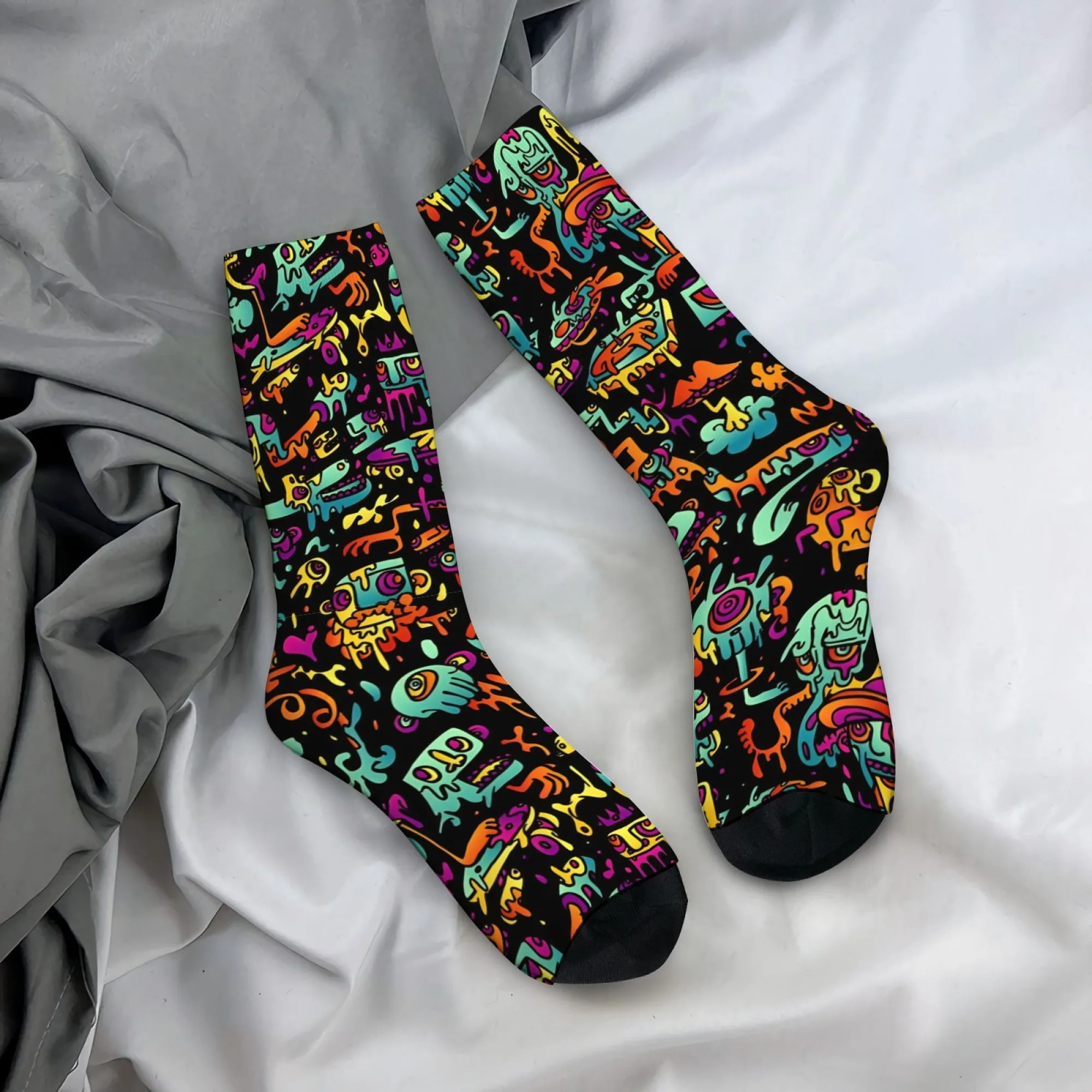 Psychedelic Bizarre Novel Socks Cartoon Graffiti Monster Print Mid-calf Socks Black Unique Stylish Comfortable Streetwear Style