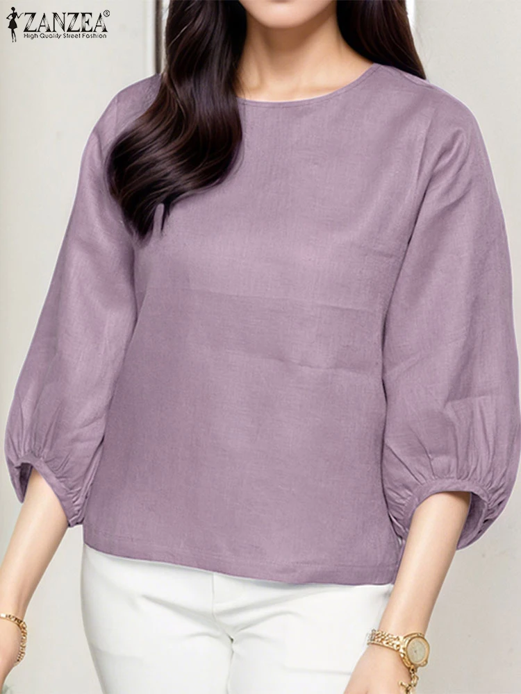 

ZANZEA Woman Casual Cotton Linen Blouses Summer O-Neck 3/4 Lantern Sleeve Solid Color Blusas Mujer Day Wear Breathable Tops