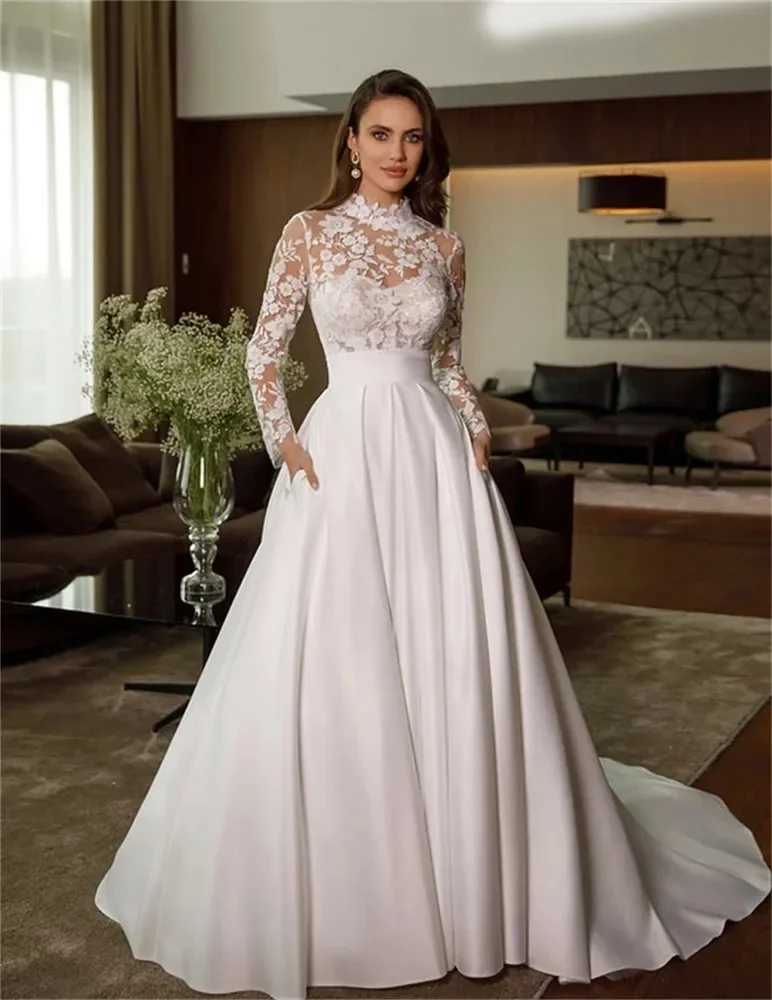 

Винтажное свадебное платье принцессы с высоким воротом и длинными рукавами по индивидуальному заказу, свадебное платье трапециевидной формы со шлейфом, Vestido De Noivas