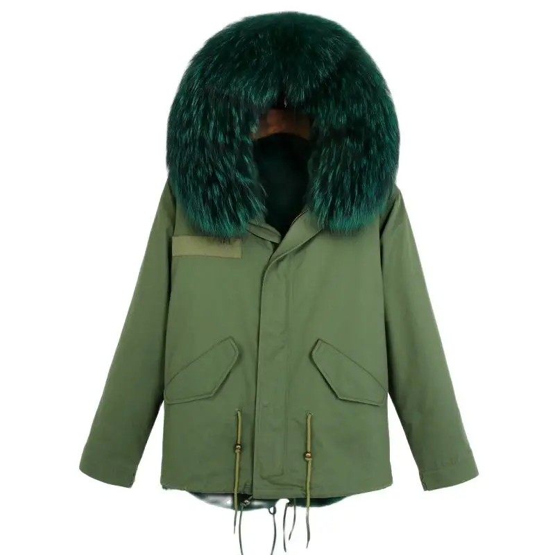 

Fashion Brand Women's Winter Cotton Clothes Short European and American Dark Green Raccoon Fur Collar Detachable Thick Parka