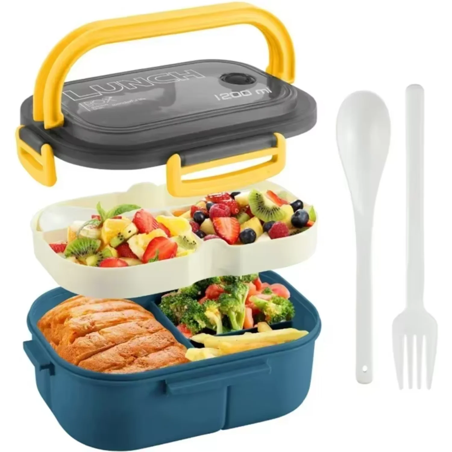 Portable Lunch Box 2 Layer Grid Children Student Bento Box with Fork Spoon Leakproof Microwavable Prevent Odor School Office