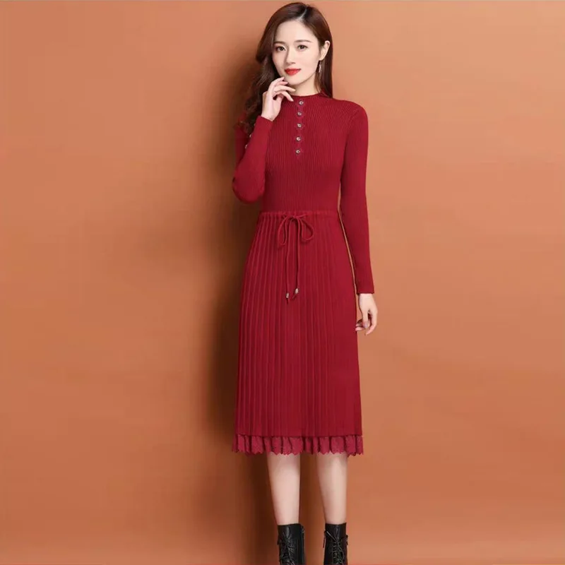 Brown Long Knit Sweater Dress Button Sashes Contrast Lace Patchwork Office OL Party Vestidos Black MIDI Sweater Dress Women 2022