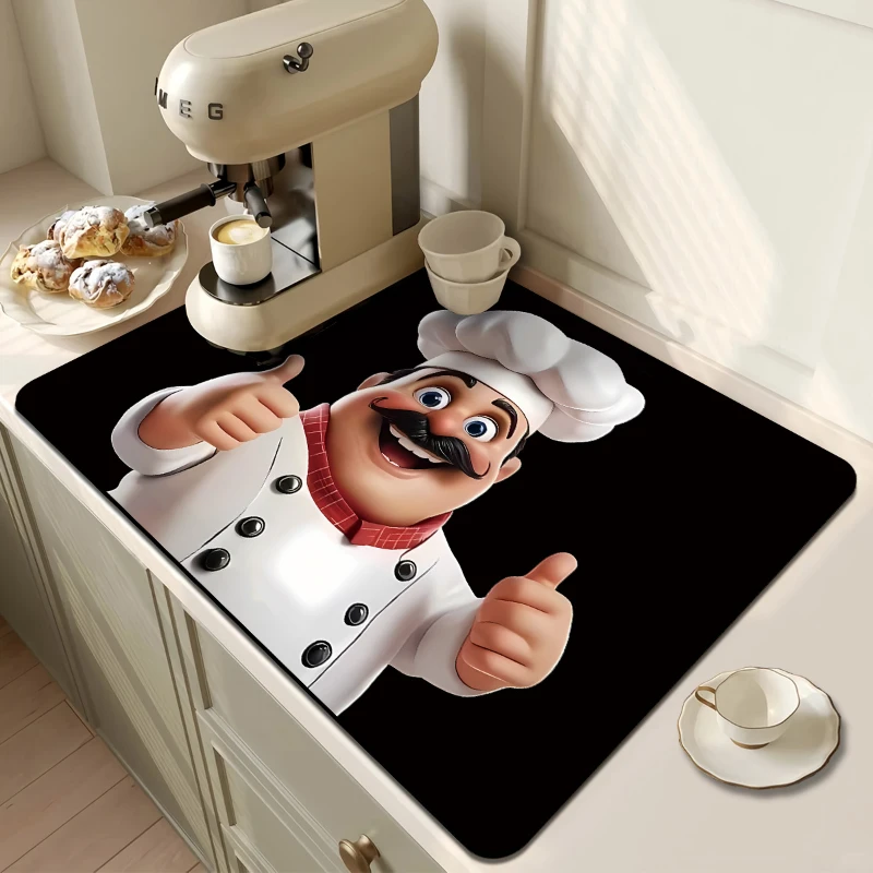 Cartoon Chef Thumbs Up Kitchen Drain Mat,Coffee Bar Counter,Kitchen Prep Surface,Non Slip,Quick Dry,Present