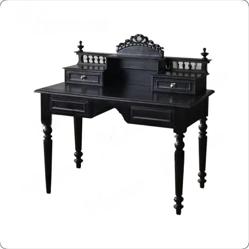 

American retro old solid wood dresser, French Gothic bedroom makeup table, medieval black engraved writing desk