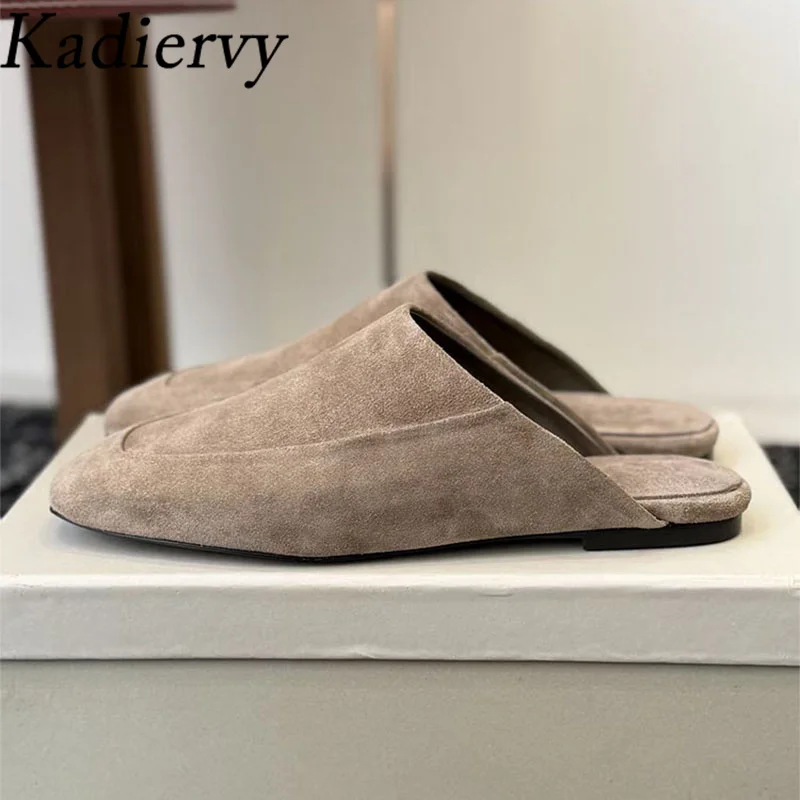 

New Spring Flat Slippers Women Suede Leather Mules Shoes Woman Square Toe Slides Casual Comfort Half Slippers Woman