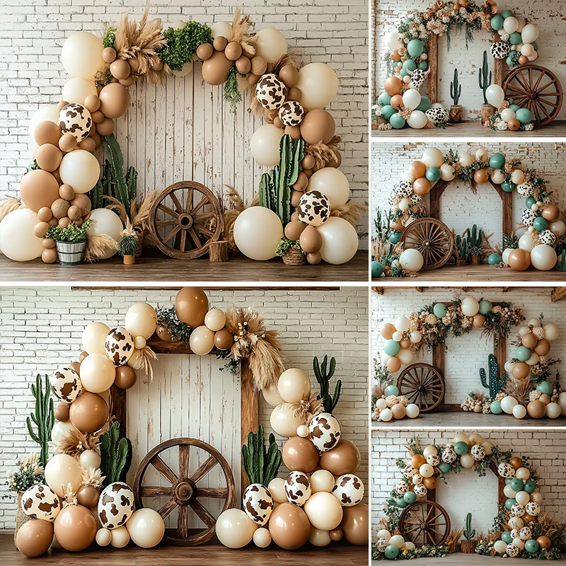 

LS Western Cowboy Theme Photography Background Arch Balloons Cactus Decor Cake Smash Kids Birthday Party Photo Backdrop Studio