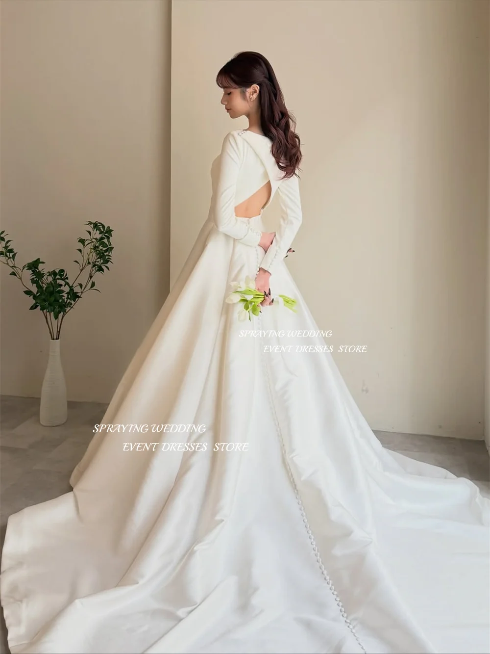 SPRAYING Elegantes langes Hochzeitskleid aus elfenbeinfarbenem Satin in A-Linie, Korea, Fotoshooting, O-Ausschnitt, lange Ärmel, Brautkleider, maßgeschneidert,  soi