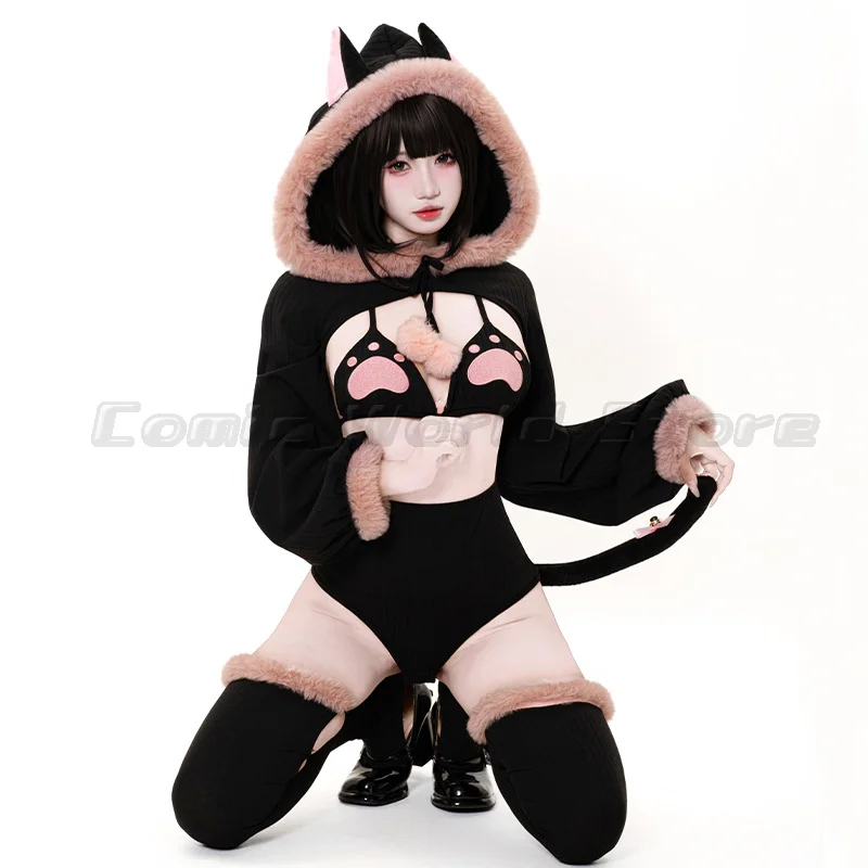 Conjunto de bikini con motivos de gato punk, sudadera con capucha, top corto, camiseta de manga larga, ropa interior para disfraces de Halloween, camisón, atuendos para juegos de rol, lencería para mujer.