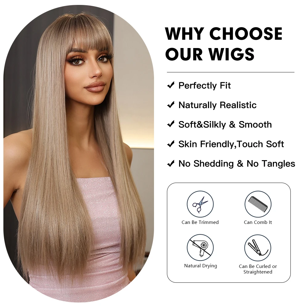 HENRY MARGU Light Brown Synthetic Hair Wig Long Straight Wigs with Bang Natural Looking Wig for White Women Daily Heat Resistant