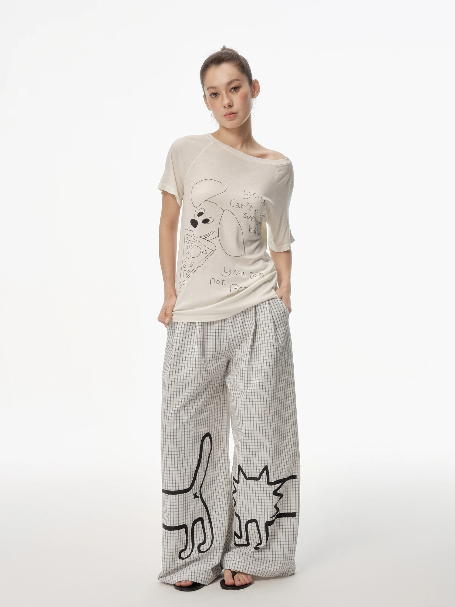 

Sapic House Casual Wide Leg Pants Hand-Dn Print Plaid Loose Fit Comfortable Long Trousers for Women Summer 2025