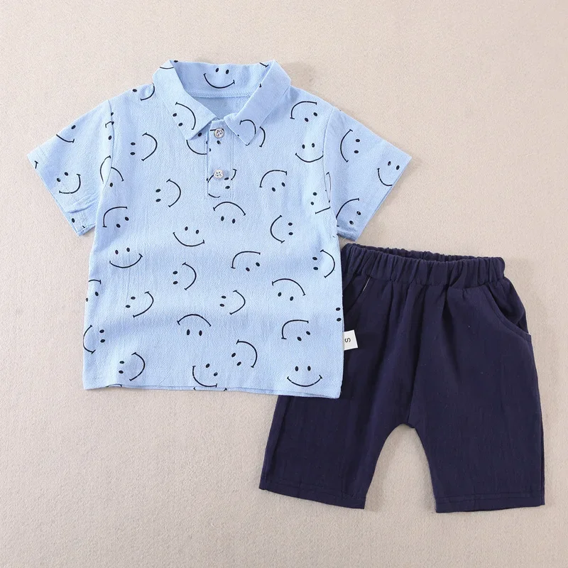 Children's clothing 0-5-year-old children's short sleeved set, boy cartoon smiling face POLO shirt T-shirt