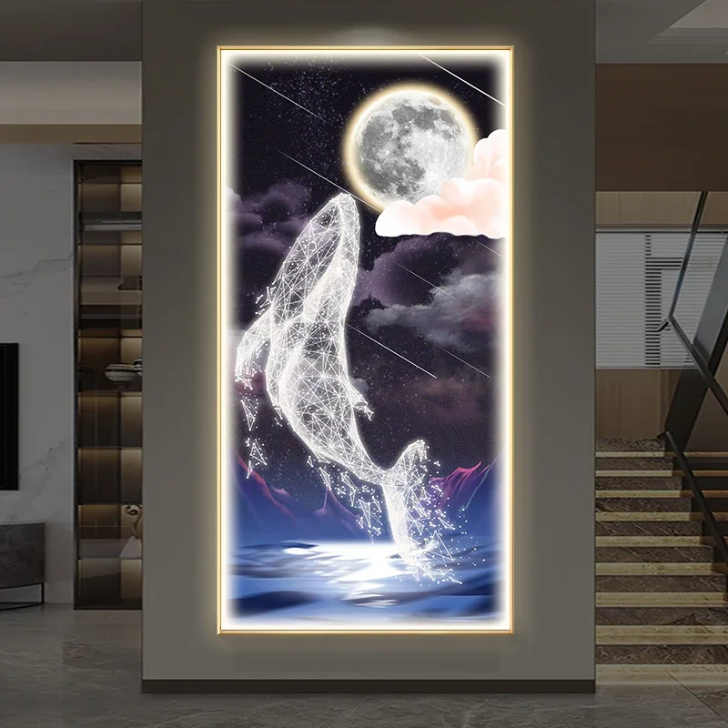 Modern  Whale Led Light Luxury Entrance Decoration Painting Hanging Mural Simple Modern Vertical Version Wall Lamps Gloss Lamp