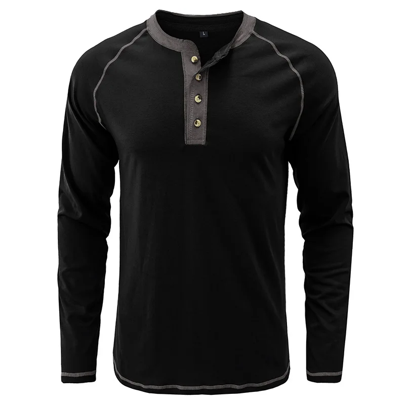 New T Shirt Men Long Sleeve Henley Collar Solid Color Tee Tops Mens Casual Slim Fit Tshirts Men White Black Gray Tees Daily Wear