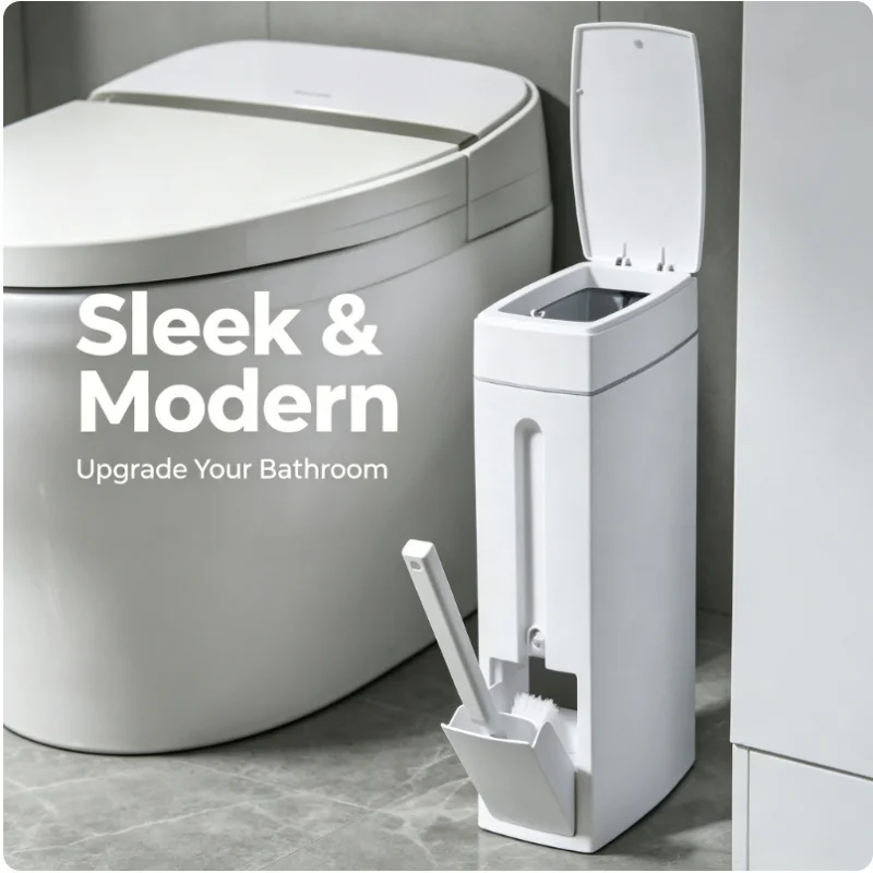 

Narrow Design Bathroom Garbage Bin With Toilet Brush Space Saving Covered Trash Can Household Washroom Accessory