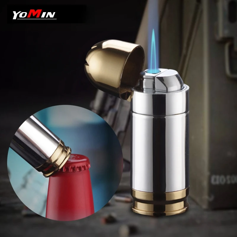 Portable Windproof Metal Bullet Shaped Inflatable Lighter Multifunctional Beer Bottle Opener Butane Cigar Lighter Men's Gift