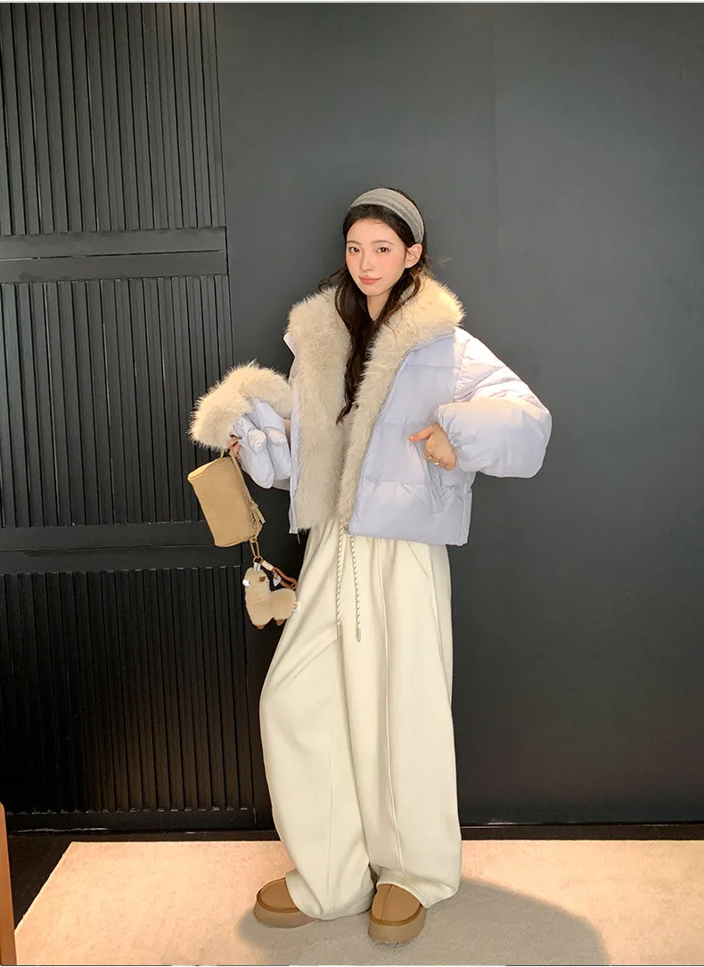 Korean Women's Short Puffer Jacket with Large Fur Collar Women Loose Thick Padded Cotton Coats Female Solid Casual Zipper Parkas