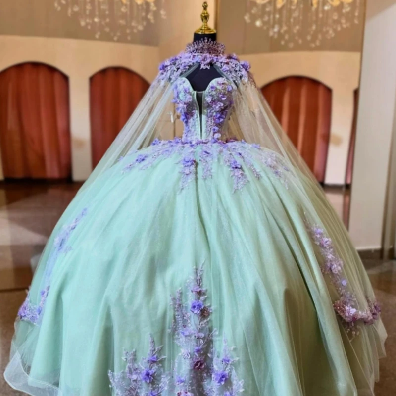 

Green Shiny Quinceanera Dresses Off The Shoulder Applique Flower Beads With Cape Tull Party Birthday Ball Gown Vestidos De 15