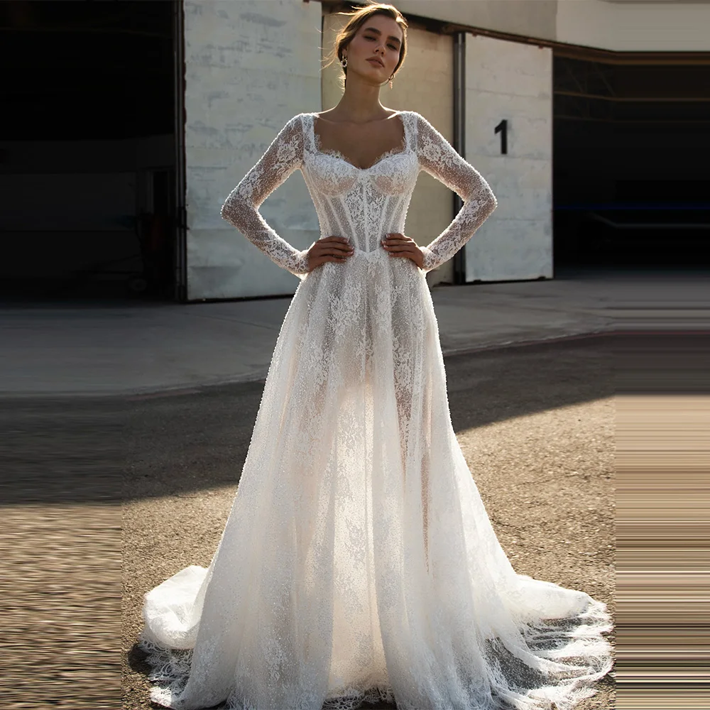 

Exquisite Beading A-Line Vestido De Novia Customized Long Sleeves Sweetheart Wedding Dress Elegant Appliques Lace Robe de mariée