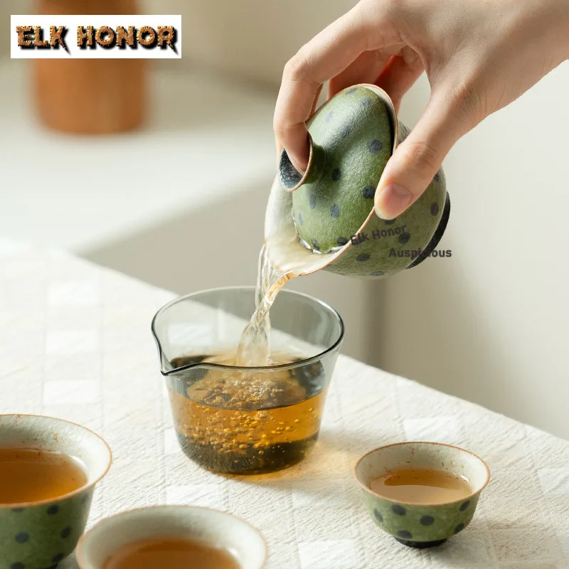 Fresh Green Orange Polka Dot Travel Tea Set Kit Retro 1 Pot 3 Cups Tea Brewing Organizer Portable Camping Tote Bag Ornaments